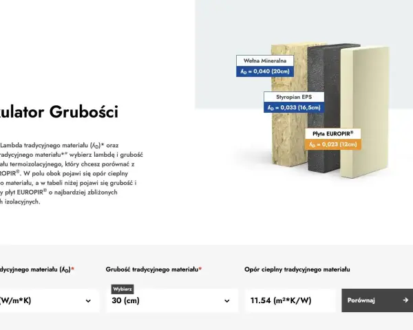 Porównanie grubości styropianu, wełny mineralnej i płyty EUROPIR®. Kalkulator grubości pozwala wybrać optymalny materiał izolacyjny.