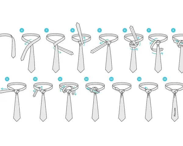 Illustrazione passo-passo per creare un nodo cravatta matrimonio perfetto. Dalla fase 1 alla 15, impara a fare un nodo elegante.