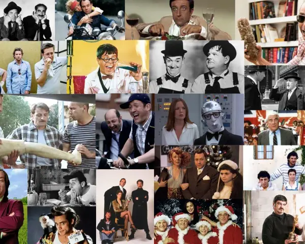 Collage di scene da film che fanno ridere: comici classici, attori in situazioni buffe e momenti memorabili di commedie.
