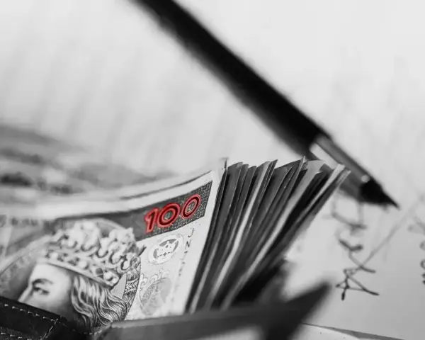 Stos banknotów 100 zł w portfelu, obok długopis i dokumenty. Może to być umowa, gdzie kara umowna jest zapisana.