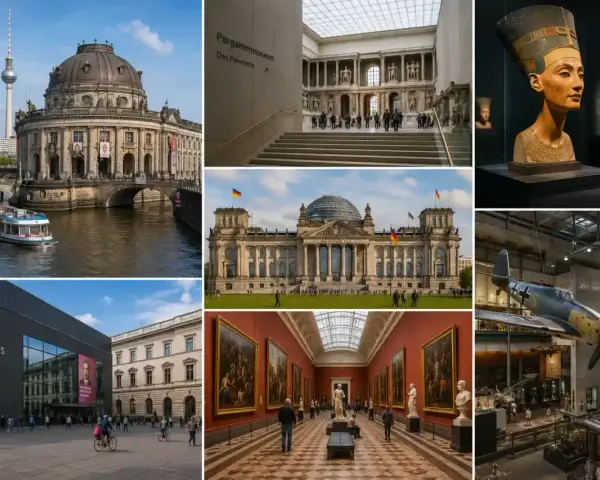 Berlin: Reichstag, Muzeum Historyczne Niemiec, Pergamonmuseum, a state dinner cruise, a plane exhibit, and Nefertiti's bust.