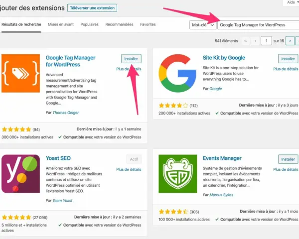 Page d'ajout d'extensions WordPress, avec le "knowledge panel Google" pour "Google Tag Manager for WordPress" affiché.