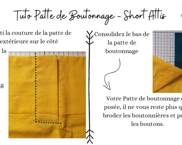 Tuto pour réaliser une patte de boutonnage sur un short. Les étapes montrent comment coudre et consolider la patte.