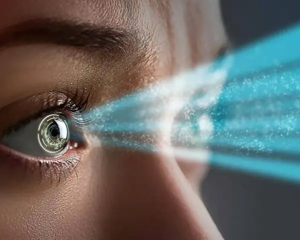 Occhio con fascio laser blu che simboleggia la capsulotomia yag laser convalescenza.