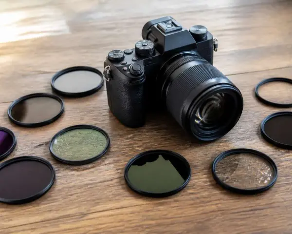 Appareil photo noir entouré de plusieurs filtres pour la photo, dont un filtre UV.