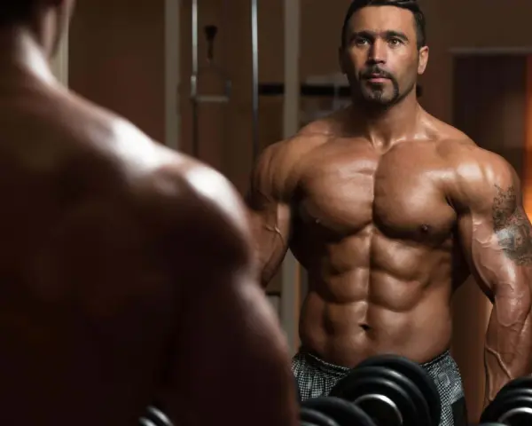 Muskulös man i gym speglar sig. Hans resa att gå ner i vikt och bygga muskler syns tydligt.