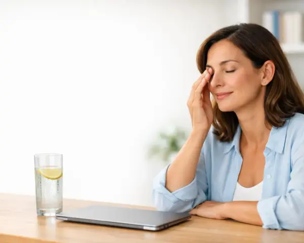 Donna con gli occhi che battono, appoggiata a un tavolo con un bicchiere d'acqua e limone e un laptop chiuso.