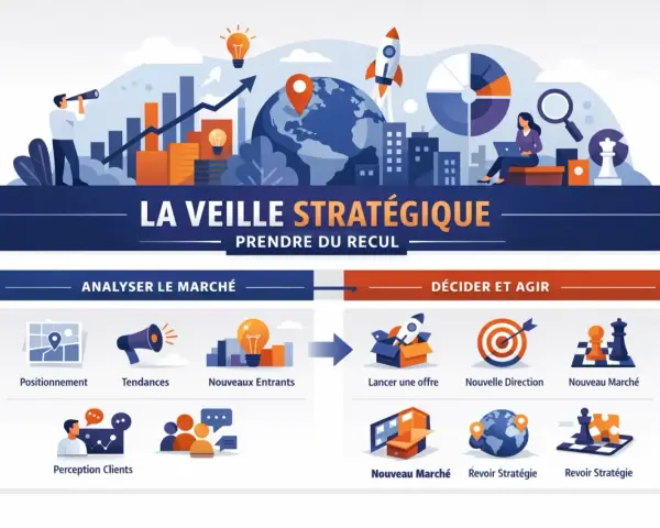 Illustration de la veille stratégique : analyse du marché (positionnement, tendances, nouveaux entrants, perception clients) et décision d'agir (lancer offre, nouvelle direction, nouveau marché, revoir stratégie). Ces outils de veille guident l'action.