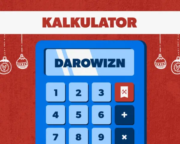 Kalkulator z napisem "DAROWIZN" i świątecznymi ozdobami. Dowiedz się, jak odliczyć darowiznę od podatku.