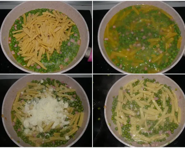 Preparazione di pasta e piselli in padella: la pasta viene aggiunta ai piselli e cubetti di prosciutto, poi cotta e infine condita con formaggio grattugiato.