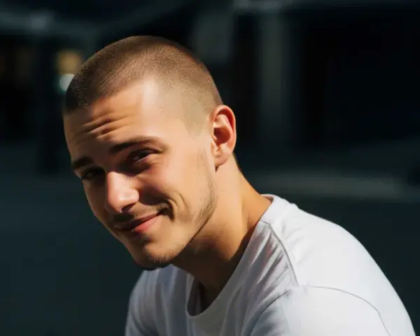 Joven sonriente con un corte afeitado impecable y barba cuidada, luciendo una camiseta blanca.