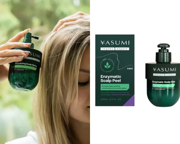 Kobieta aplikuje na skórę głowy peeling enzymatyczny Yasumi. To doskonały peeling do skóry głowy, który odżywia i oczyszcza.