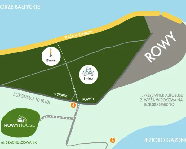 Mapa atrakcji w Rowach: plaża, jezioro Gardno, wieża widokowa, przystanek autobusowy. Rowy co warto zobaczyć to idealne miejsce na wypoczynek.