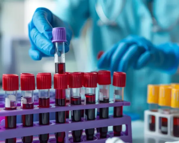 Laborant w niebieskich rękawiczkach przygotowuje próbki krwi do badań immunologicznych.