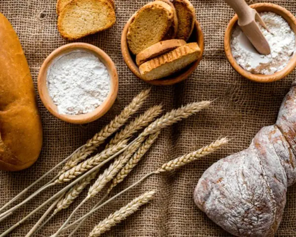 Brot, Getreideähren und Schalen mit Mehl, darunter Vollkornmehl aus Deutschland, liegen auf Jute.