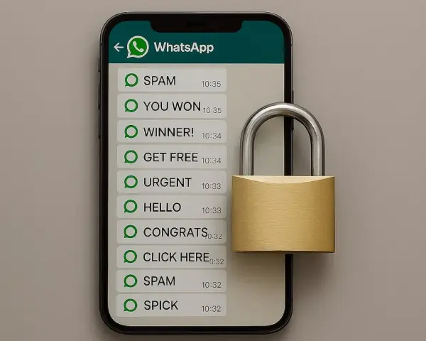 Smartphone mit WhatsApp-Nachrichten und einem Vorhängeschloss, das Sicherheit symbolisiert.