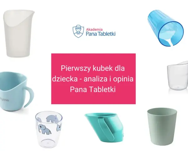Różne rodzaje kubeczków do nauki picia dla dzieci, w tym z uchwytami i z motywem słoni.