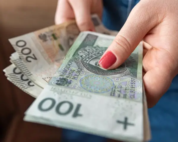 Dłoń trzyma stos polskich banknotów 100 i 200 zł. Pieniądze mogą być przeznaczone na przelew podatkowy.