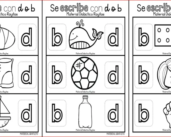 Fichas dislexia: b y d con dibujos de un bebé, ballena, bota, barco, dominó, cara, balón, botella y mano.