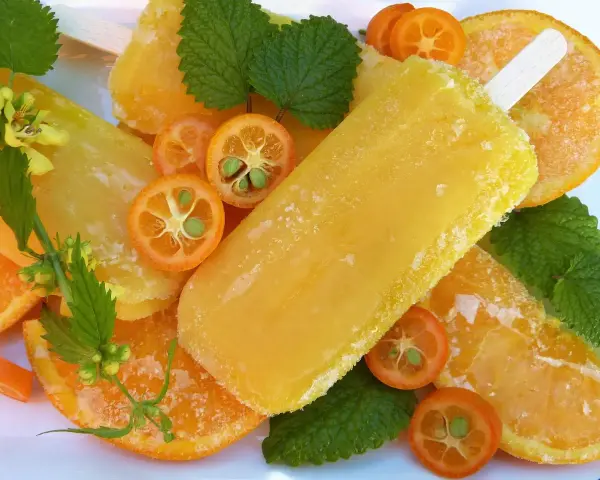 Paletas de helado de naranja, rodajas de naranja y kumquats adornan esta refrescante escena veraniega.