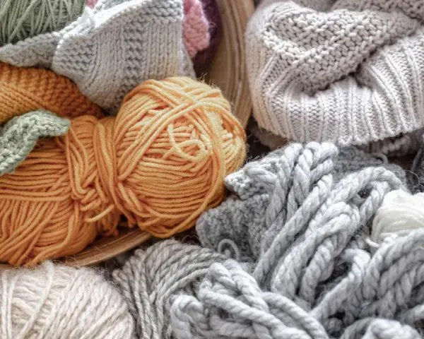 Ovillos de lana y tejidos de punto en tonos tierra y grises. El suave **merino material** invita a crear prendas cálidas y acogedoras.