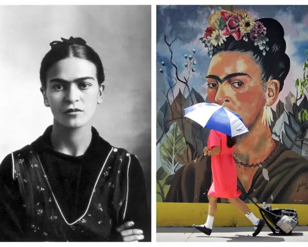Frida Kahlo fakta: en ikonisk porträttbild och en färgstark muralmålning där en person med paraply passerar framför.