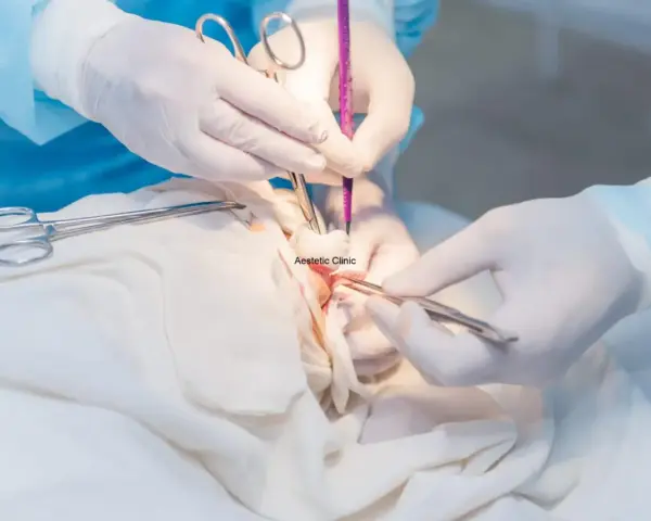 Chirurgiczne usuwanie kaszaka. Zespół medyczny w rękawiczkach używa narzędzi do precyzyjnego zabiegu.