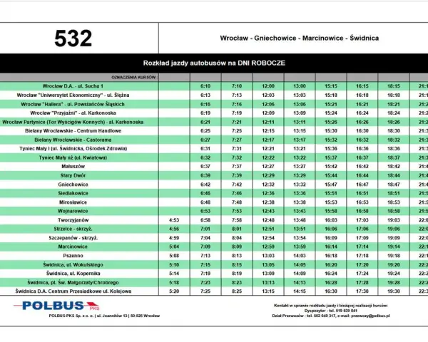 Rozkład jazdy autobusu 137 relacji Wrocław - Gniechowice - Marcinowice - Świdnica.