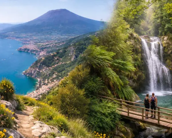 Sentiero fiorito con vista sul Vesuvio e cascata in Campania. Due escursionisti su un ponte ammirano la natura.