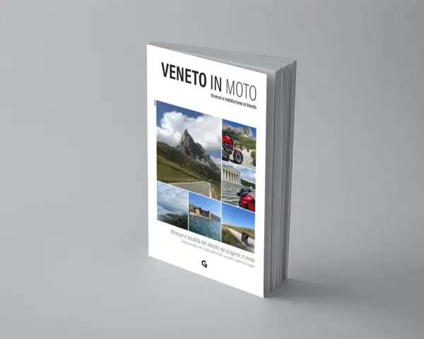 Copertina libro "Veneto in Moto": immagini di montagne, moto rosse, mare e architetture, che invitano a scoprire le **strade panoramiche del Veneto**.