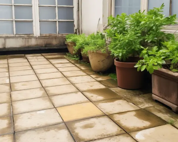 Une terrasse carrelée, prête à refaire une terrasse sur une ancienne, bordée de plantes en pots sous de grandes fenêtres.
