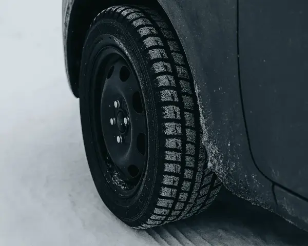 Ruota di un'auto con pneumatico invernale coperto di brina, pronto per affrontare la neve. La scheda pneumatici è fondamentale per la sicurezza.