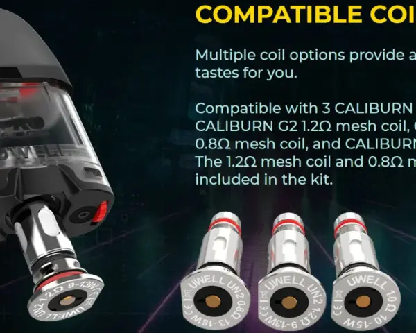 Cartucho de vapeo KOKO GK2 con tres resistencias Uwell compatibles: 1.2Ω, 0.8Ω y 1.0Ω.