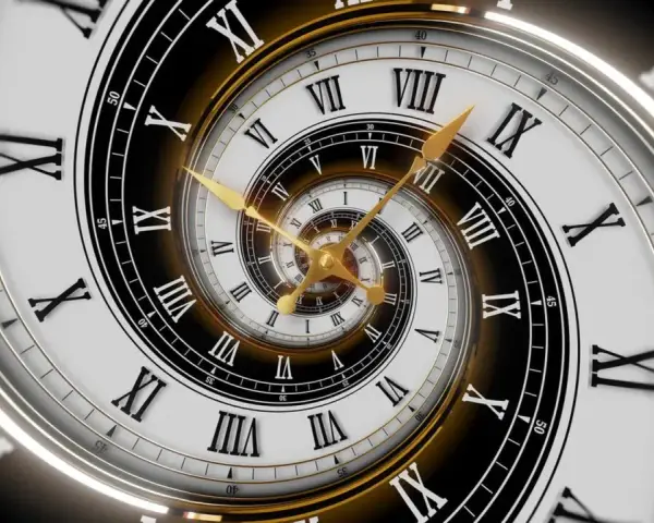 Złoty zegar z rzymskimi cyframi, tworzący spiralę nieskończoności. Symbolizuje 5 rok numerologiczny, czas zmian i rozwoju.