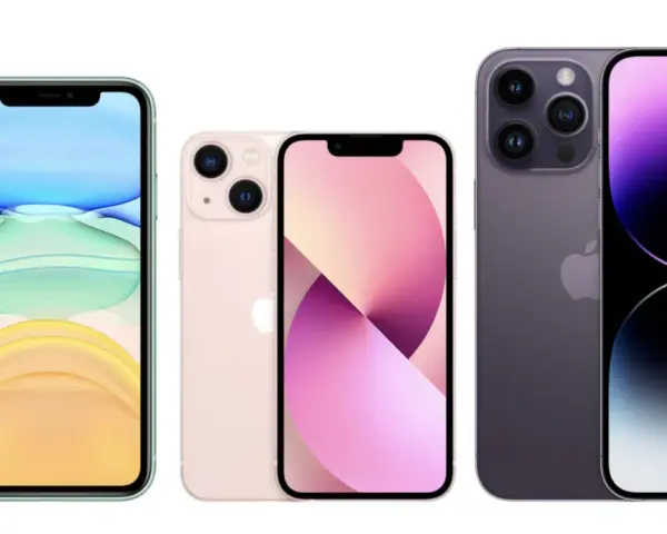 Trzy modele iPhone'ów: zielony iPhone 11, różowy iPhone 13 i fioletowy iPhone 14 Pro. Jaki jest najnowszy iPhone? To ten fioletowy!