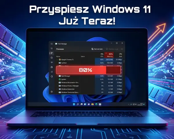 Optymalizacja Windows 11: menedżer zadań pokazuje 80% użycia pamięci, a obok moduły RAM i strzałki wzrostu.