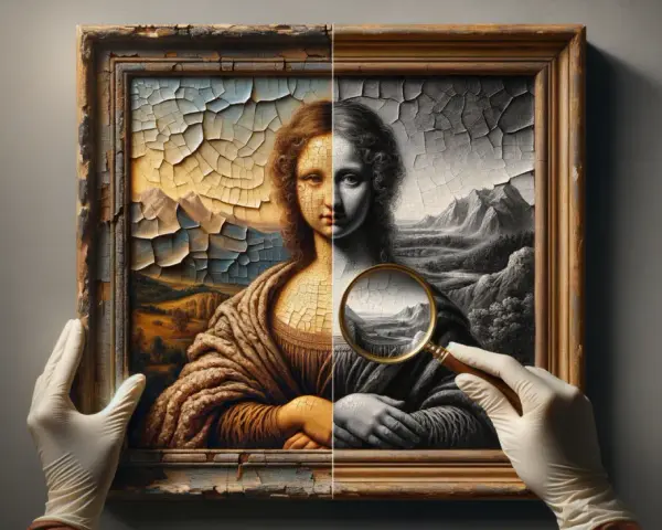 Mona Lisa divisée en deux, couleur et noir et blanc, sous une loupe. Une œuvre d'art, une huile sur toile, examinée avec soin.