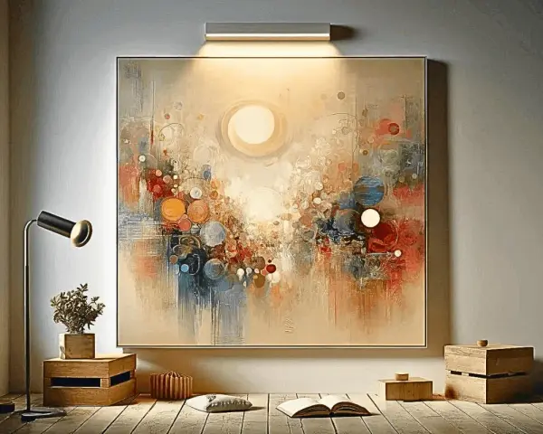 Un vibrante cuadro mural abstracto con círculos y pinceladas en tonos cálidos y fríos, iluminado por un aplique de pared.