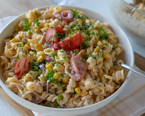 Pyszna sałatka z makaronem fusilli, kukurydzą, pomidorami i natką pietruszki, polana kremowym sosem. Idealna na letnie dni.