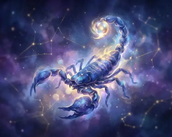 Skorpion, 26 października znak zodiaku, w kosmicznej poświacie, otoczony konstelacjami.