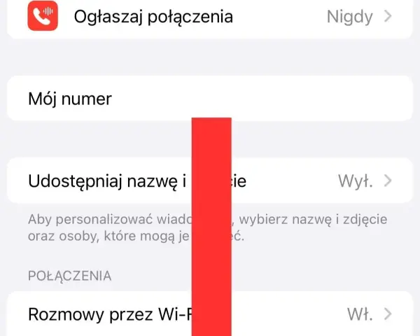 Ustawienia telefonu: "Ogłaszaj połączenia" ustawione na "Nigdy". Możesz tu też sprawdzić "Mój numer" i dowiedzieć się, jak zastrzec numer.