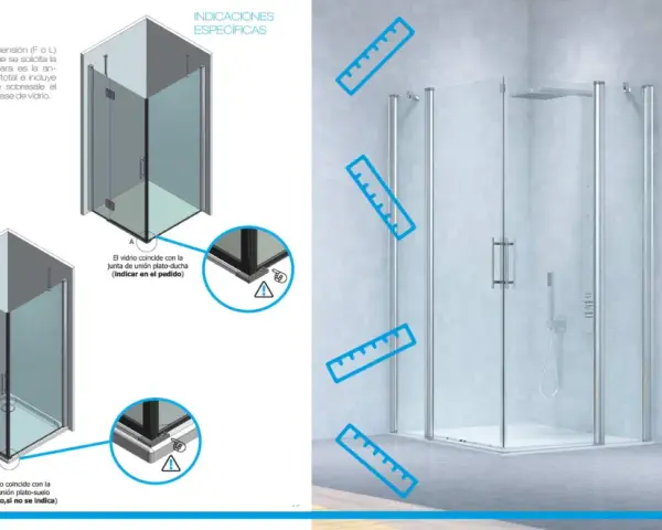 Diagramas de **baños con pared en la ducha** y cómo medir las mamparas.