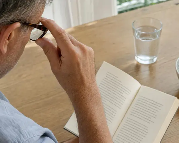 Un uomo con occhiali legge un libro, forse perché vede a righe. Sul tavolo, un bicchiere d'acqua e una ciotola di prugne.