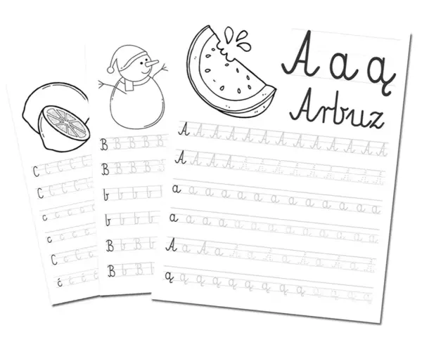 Zestaw kart pracy do nauki literek do druku: literki A, B, C, z rysunkami arbuza, bałwanka i cytryny.