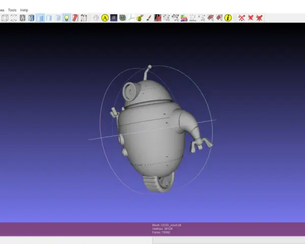 Szary model robota 3D na fioletowym tle, widoczny w oprogramowaniu MeshLab.