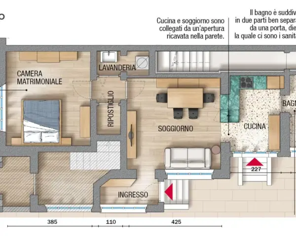 Pianta di un progetto casa 55 mq rettangolare: ingresso, soggiorno, cucina, bagno, lavanderia, ripostiglio e camera matrimoniale luminosa.