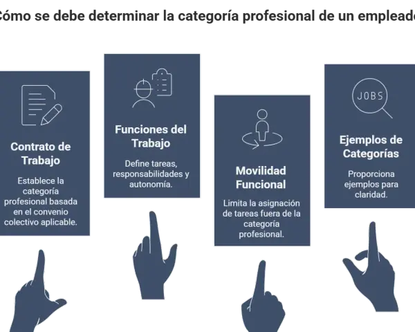 Diagrama sobre cómo determinar la categoría profesional de un empleado, cubriendo contrato, funciones, movilidad y ejemplos.