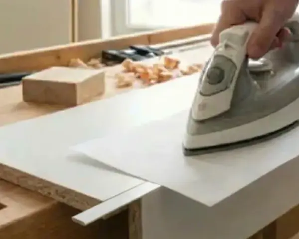 Utilisation d'un fer à repasser pour enlever colle thermocollant sur tissu, une technique de bricolage pour une finition parfaite.
