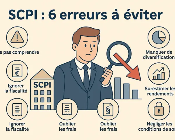 Illustration sur les erreurs à éviter en SCPI, incluant l'ignorance de la fiscalité. Un homme examine des graphiques avec une loupe.