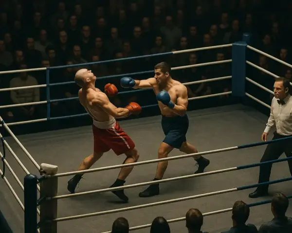 Dos boxeadores en un ring, uno golpea al otro. El árbitro observa. Una escena intensa, como en los mejores juegos de boxeo pc.